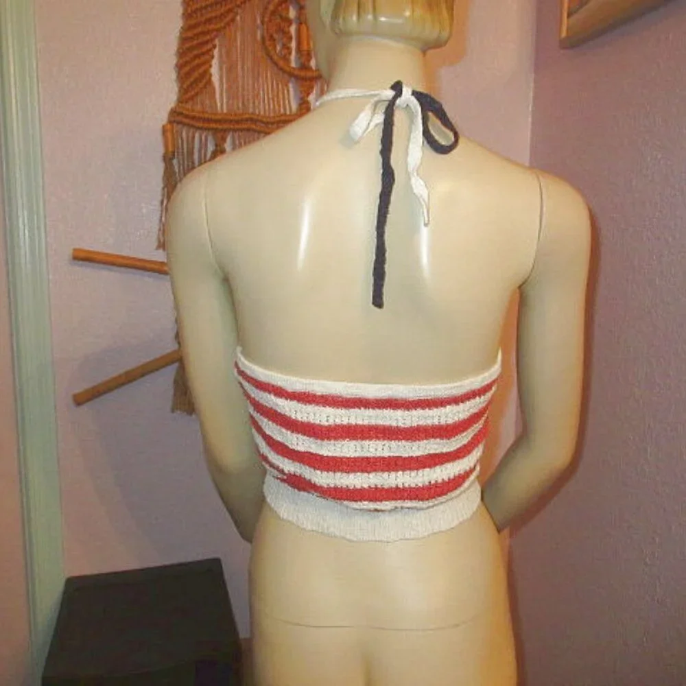 American Eagle Knit Crop Top Size M Halter Flag Patriotic Festival Hippie Boho